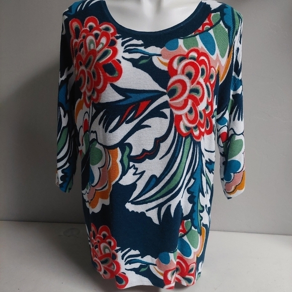 Chico's Multi ColorTop‎ Tunic Floral Size 2 Thermal Waffle Knit 3/4 Sleeves - Picture 1 of 9